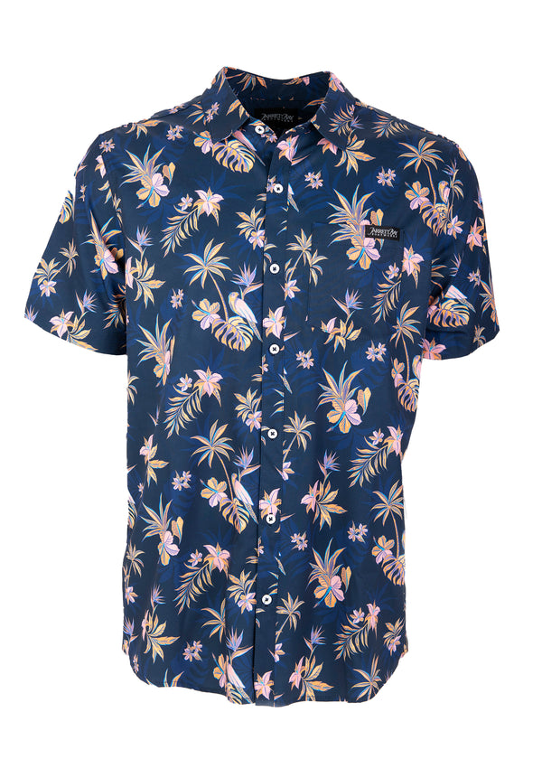 Jarrett Bay Baxter Collared Shirt with navy tropical floral print