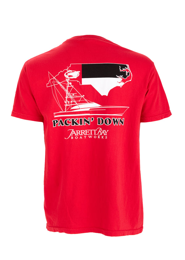 Red Jarrett Bay t-shirt with Packin' Down slogan, NC state silhouette, and offshore boat illustration