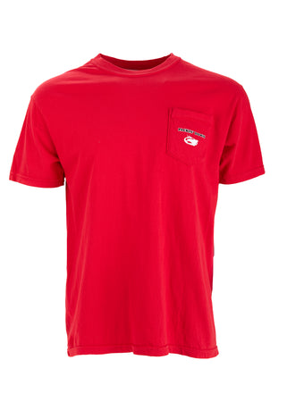 Red Jarrett Bay t-shirt with Packin' Down slogan, NC state silhouette, and offshore boat illustration
