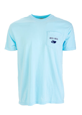 Light blue Jarrett Bay t-shirt with Reel Heel slogan, NC state outline, and custom offshore boat