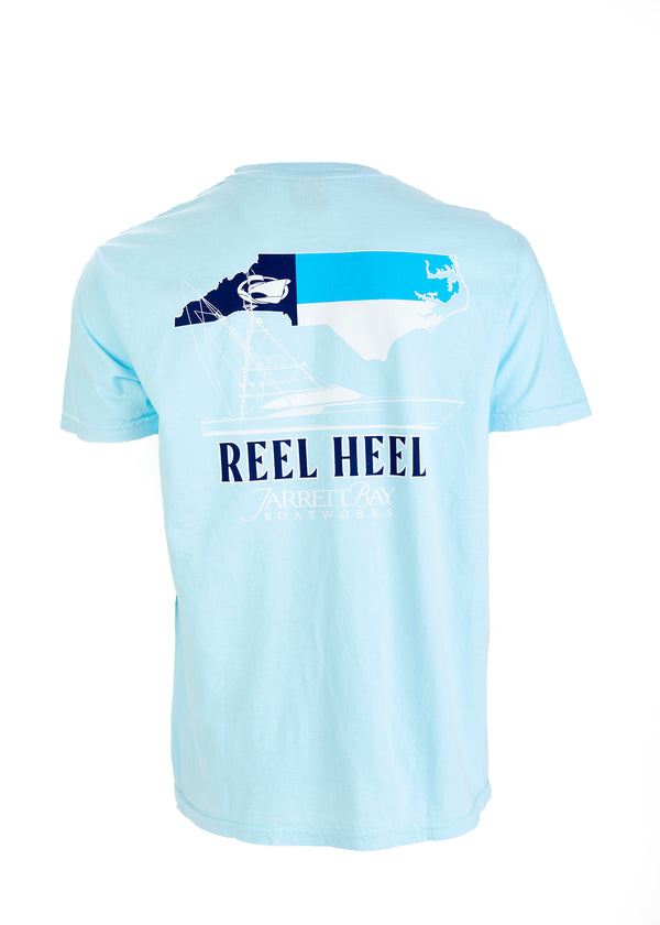 Light blue Jarrett Bay t-shirt with Reel Heel slogan, NC state outline, and custom offshore boat