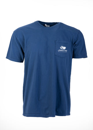 Navy Jarrett Bay t-shirt with American-style stripes and offshore boat logo