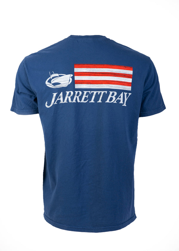 Navy Jarrett Bay t-shirt with American-style stripes and offshore boat logo