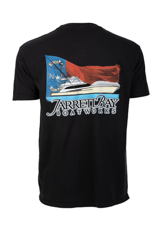 Black Jarrett Bay t-shirt with NC state flag and offshore fishing boat design