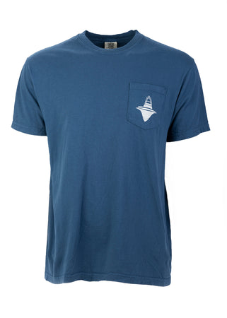 Navy Jarrett Bay t-shirt with offshore boat tower logo on back