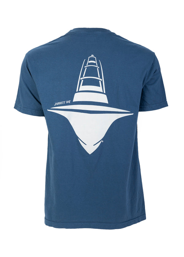 Navy Jarrett Bay t-shirt with offshore boat tower logo on back