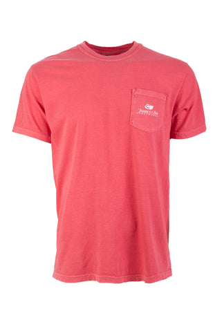 Jarrett Bay Water Camo short sleeve t-shirt in coral red with boat and Beaufort, NC circular logo