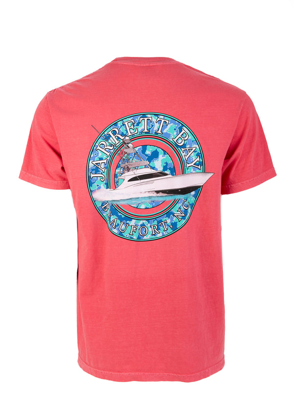 Jarrett Bay Water Camo short sleeve t-shirt in coral red with boat and Beaufort, NC circular logo