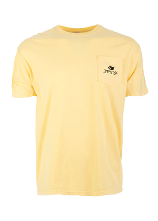 Jarrett Bay Beaufort Circle short sleeve t-shirt in yellow with classic boatworks logo and sportfish boat