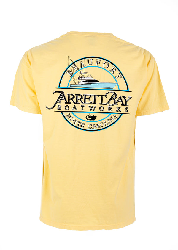 Jarrett Bay Beaufort Circle short sleeve t-shirt in yellow with classic boatworks logo and sportfish boat