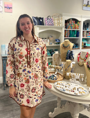 Blanket Stitch Buttoned Mini Dress