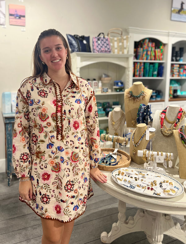Blanket Stitch Buttoned Mini Dress