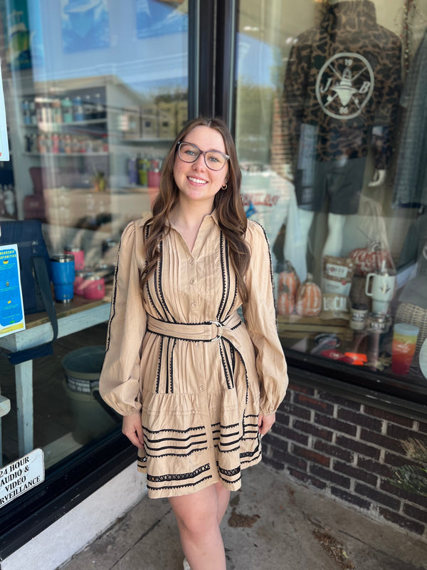 Lace Trim Belted Mini Dress