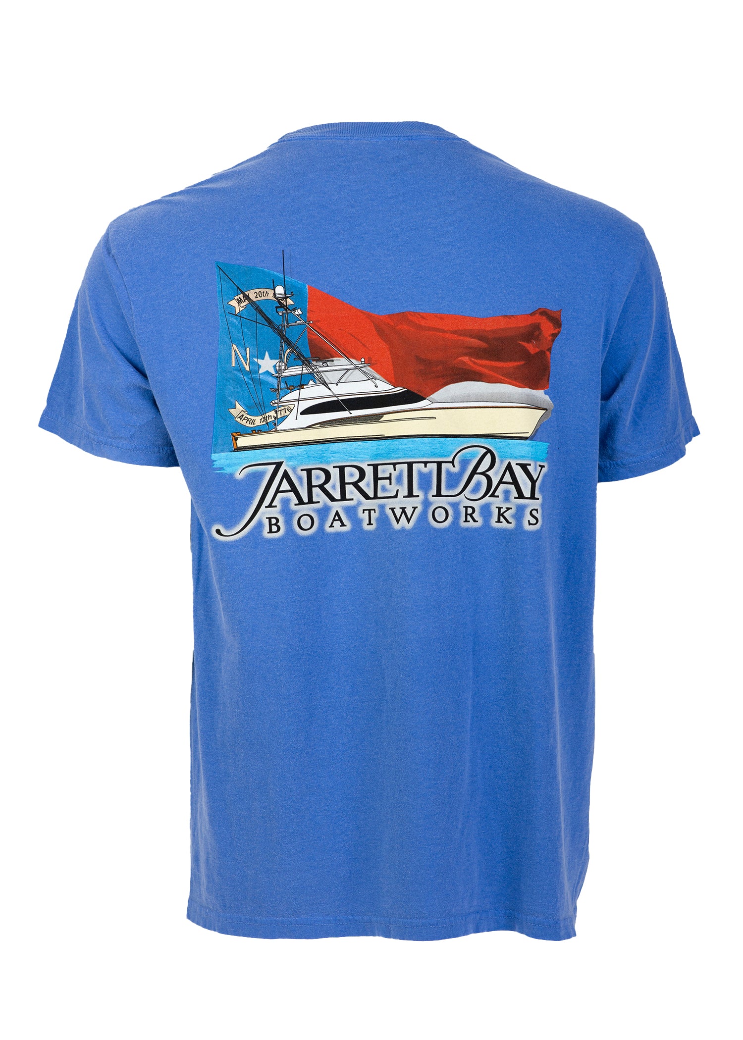 Royal blue Jarrett Bay t-shirt with NC state flag and offshore fishing boat design