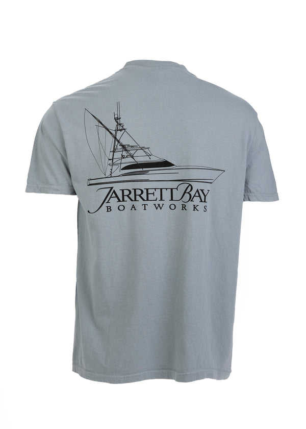 Gray Jarrett Bay t-shirt with custom offshore boat illustration and Boatworks logo